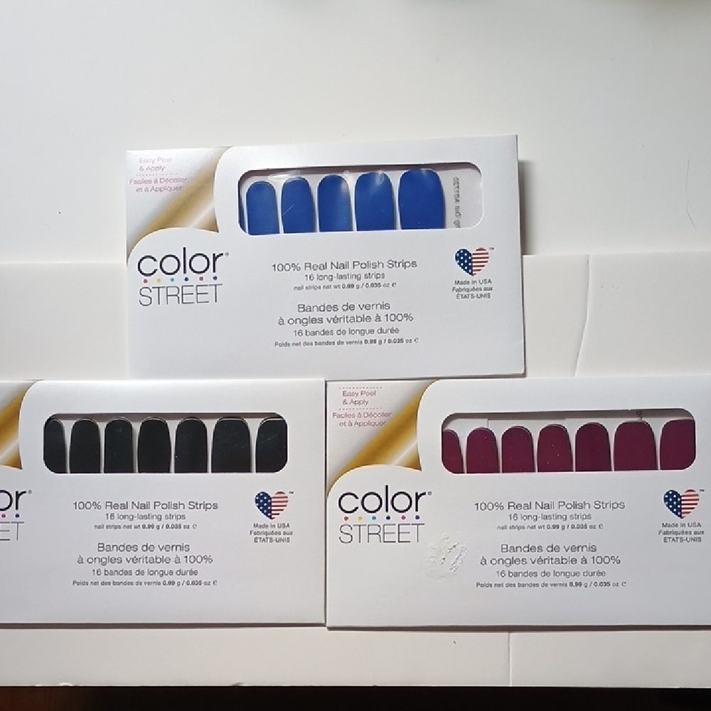 Color Street Nail Polish Strips Trio - Blue, Black, Burgundy